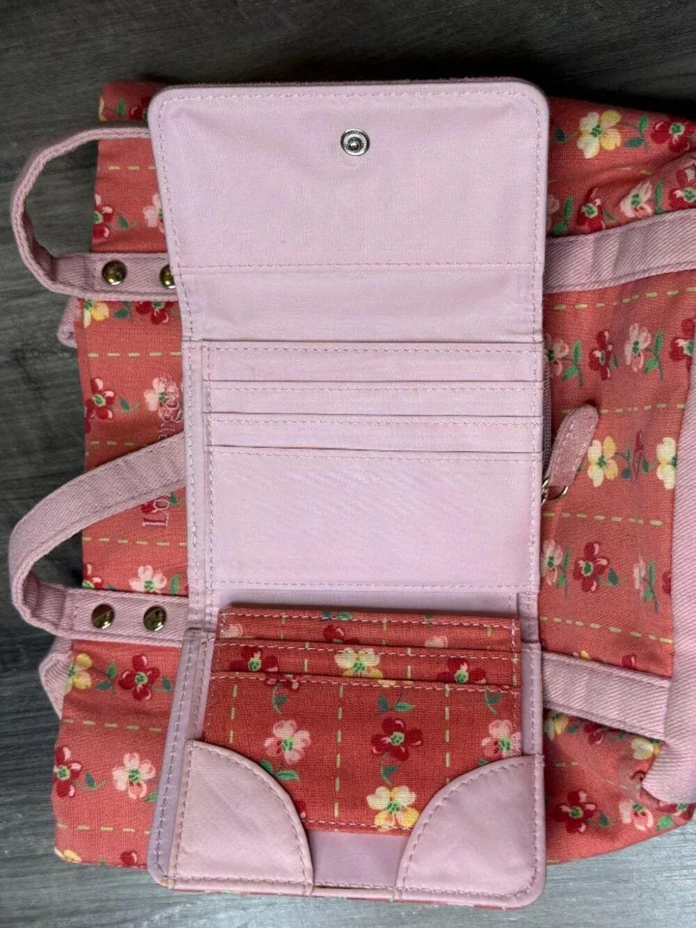 Longaberger pink floral tote and matching wallet set (preowned)